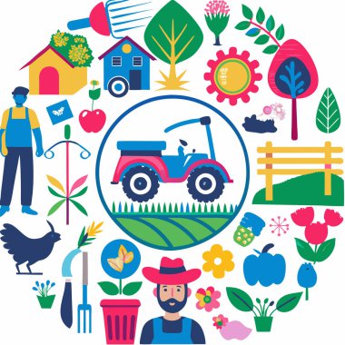 farm with tractor icons set. clipart