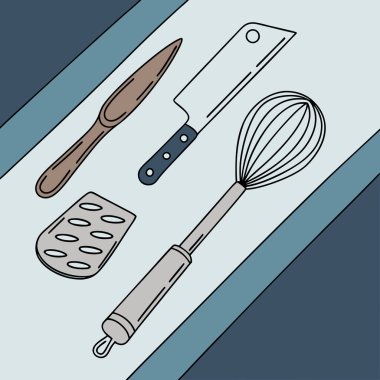 A stylish and vibrant design featuring cooking tools displayed on a gradient background, symbolizing creativity and passion in the culinary arts. Perfect for food blogs, cooking apps, and branding materials. clipart