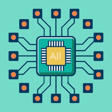 A precise and futuristic representation of AI chipsets arranged in a symmetrical grid. This design embodies the structure, connectivity, and computational power driving artificial intelligence and advanced technology. clipart