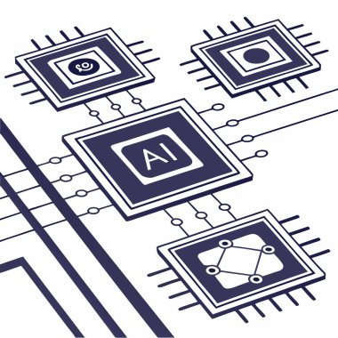 Simetrik bir ızgarada düzenlenmiş yapay zeka çiplerinin hassas ve geleceksel bir temsili. Bu tasarım, yapay zeka ve gelişmiş teknolojinin yapısını, bağlantısını ve hesaplama gücünü somutlaştırır..