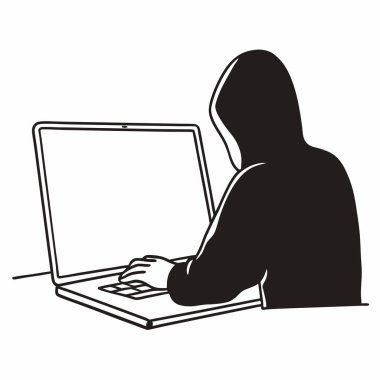 Bilgisayarlı bir hacker 'ın minimalist silueti siber güvenlik risklerini, bilgisayar korsanlığı faaliyetlerini ve dijital korumanın önemini simgeliyor. Teknolojik markalaşma, siber güvenlik farkındalığı ve dijital suç projeleri için mükemmel..