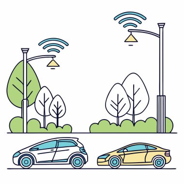 A vector design featuring smart city icons like connected cars, IoT streetlights, and urban technology for innovation. clipart