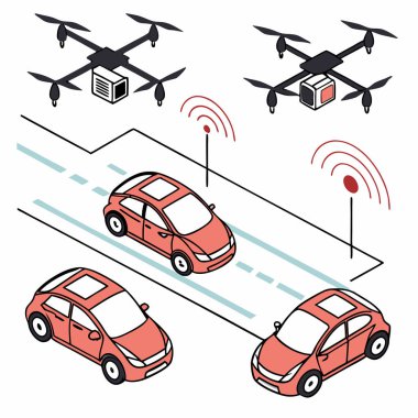 A seamless vector pattern featuring drones and smart vehicles in a repetitive arrangement, symbolizing future mobility and innovation. clipart