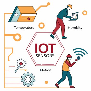 IoT sensörlerini temsil eden, bağlantıyı, veri akışını ve akıllı teknolojileri sembolize eden soyut simgeleri gösteren bir vektör tasarımı..