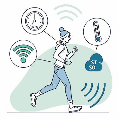 IoT sensörlerini temsil eden, bağlantıyı, veri akışını ve akıllı teknolojileri sembolize eden soyut simgeleri gösteren bir vektör tasarımı..