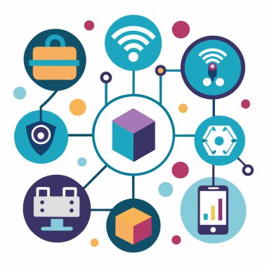 A vector design showcasing abstract icons representing IoT sensors, symbolizing connectivity, data flow, and smart technologies. clipart