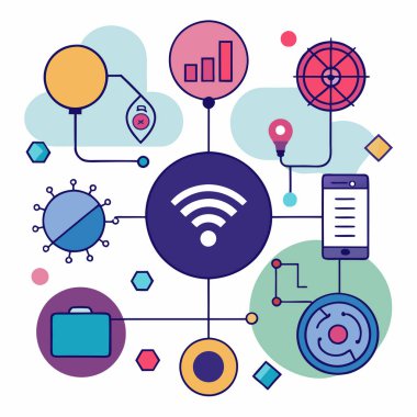 IoT sensörlerini temsil eden, bağlantıyı, veri akışını ve akıllı teknolojileri sembolize eden soyut simgeleri gösteren bir vektör tasarımı..