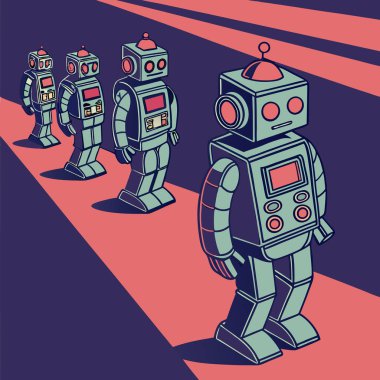 Seamless vector pattern featuring retro futuristic robots in repeating rows, perfect for sci-fi, tech, and vintage projects. clipart