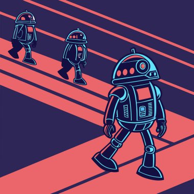 Seamless vector pattern featuring retro futuristic robots in repeating rows, perfect for sci-fi, tech, and vintage projects. clipart