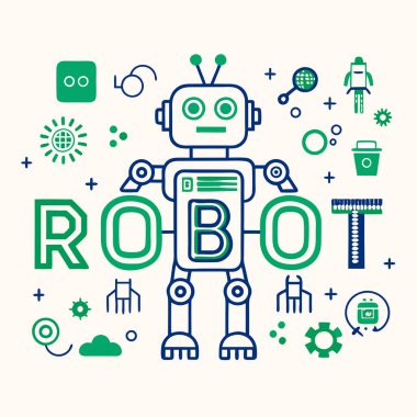 Stylish vector design featuring robot icons paired with futuristic typography, perfect for tech branding and AI projects. clipart