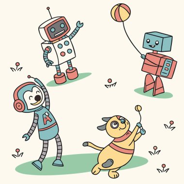 Charming vector pattern featuring playful robot pets and companions, perfect for kids' products, tech themes, and sci-fi designs. clipart