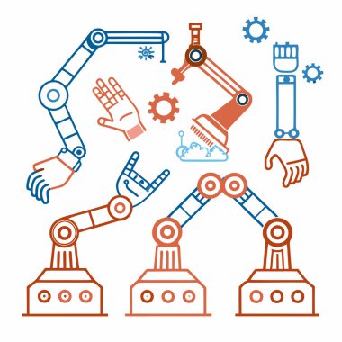 Vector illustration of stylized robotic hands grasping various objects, perfect for tech, AI, and futuristic designs. clipart