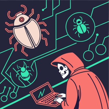 Vector illustration featuring cyberattack symbols like skulls and bugs, ideal for cybersecurity warnings, hacking themes, and tech designs. clipart