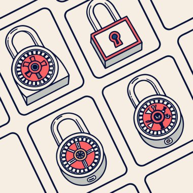 Vector design featuring digital padlocks arranged in seamless grids, perfect for cybersecurity, data protection, and tech-themed visuals. clipart