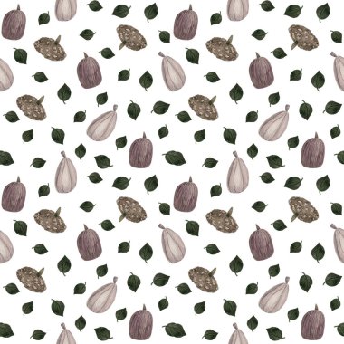 Yeşil yapraklar ve kabakların dikişsiz suluboya deseni. Sonbahar tasarımları. Mevsimsel arkaplan.