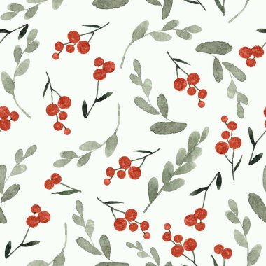 Yeşil yapraklar ve turuncu berilerdeki dikişsiz suluboya desenleri. Işık arkaplanda izole edilmiş el çizimi elementler..