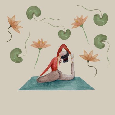 Nilüfer çiçekleri ve yapraklarla çevrili, sağlık temalı projeler için ideal, minder üzerinde yoga yapan bir kadının el yapımı suluboya tasarımı...