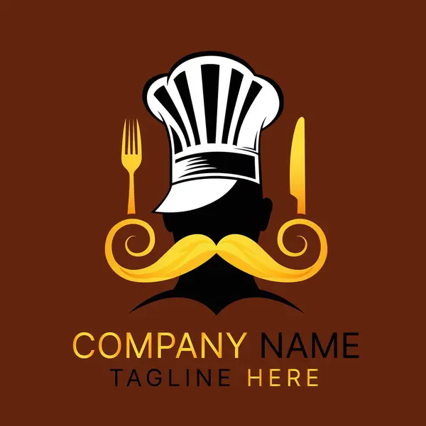 Zarif bir şef logosu, içinde toka, bıyık, çatal ve bıçak olan bir siluet, restoranlar, aşçılık işletmeleri ve gıda markaları için ideal.