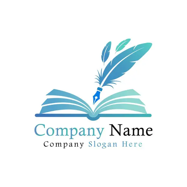 Zarif bir logo tasarımı, açık bir kitabın üzerinde duran, bilgiyi, yazmayı ve yaratıcılığı sembolize eden bir tüy kalem içeriyor.