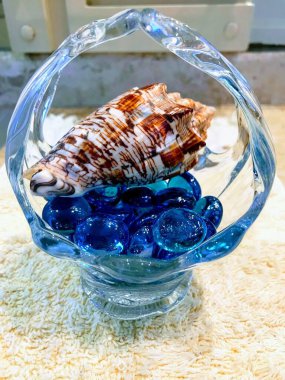 Zarif bir cam kase, parlak mavi cam mücevher koleksiyonunun üzerinde duran güzel desenli bir kabuk barındırır. Kase # 39; 'un eğrisel tasarımı ve zıt dokular, ev dekorasyonu için mükemmel, sakin, kıyı atmosferi yaratır..