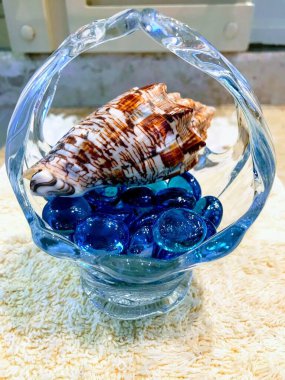 Zarif bir cam kase, parlak mavi cam mücevher koleksiyonunun üzerinde duran güzel desenli bir kabuk barındırır. Kase # 39; 'un eğrisel tasarımı ve zıt dokular, ev dekorasyonu için mükemmel, sakin, kıyı atmosferi yaratır..
