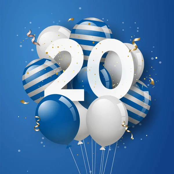 Happy 20Th Birthday Blue Balloons Greeting Card Background Years Anniversary — Stock Vector