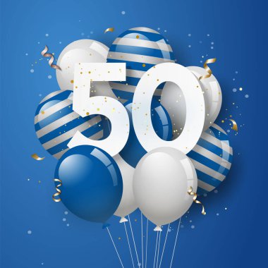 Mavi balonların tebrik kartı geçmişiyle 50. doğum günün kutlu olsun. 50. Yıl dönümü. 50. Kutlama konfetiyle yapılıyor. Vektör deposu