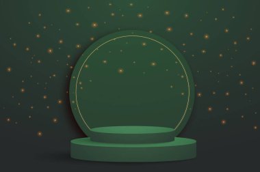 Yeşil arka planda soyut gerçekçi 3D yeşil silindir podyumu. Ürün sunumu için kaldırım sahnesi. Vektör deposu