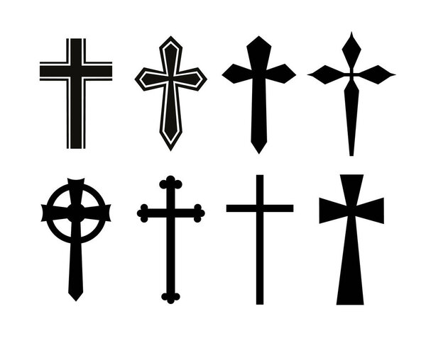 Христианский силуэт креста выделен на белом фоне. Коллекция крестов
