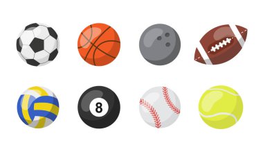 Beyaz arka planda izole edilmiş spor topları. Spor malzemeleri paketi. Futbol, Basketbol, Bowling, Rugby, Voleybol, Bilardo, Beyzbol ve Tenis setleri. Vektör 