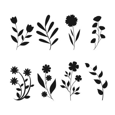 Flower silhouettes collection isolated on white background. Flowers decoration. Spring concept. Vector stock