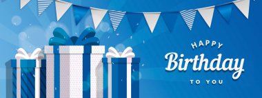 Blue birthday party banner. Gift banner. Happy birthday card with giftbox. Vector stock clipart