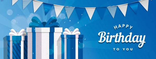 Blue Birthday Party Banner Gift Banner Happy Birthday Card Giftbox — Vettoriale Stock