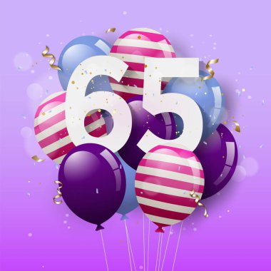 Happy 65th birthday greeting card with balloons. 65 years anniversary. 65th celebrating with confetti. Vector stock