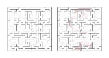 Solüsyonu beyaz arkaplanda izole edilmiş kare labirent. Çocuklar için mantık labirenti. Labirent oyunu gibi. Vektör deposu