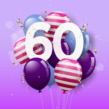 Balonlu 60. yaş günün kutlu olsun. 60 'ıncı yıl dönümü. 60. doğum gününü konfetiyle kutluyoruz. Vektör deposu