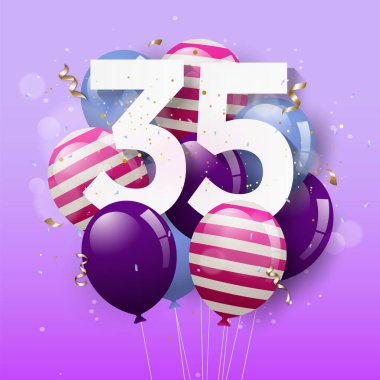 Happy 35th birthday greeting card with balloons. 35 years anniversary. 35th celebrating with confetti. Vector stock