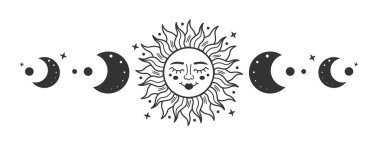 Sun surrounded by crescent moon with moon phases isolated on white background. Sun and moon boho mystical sign for design, logo, tattoo. Bohemian style. Vector stock