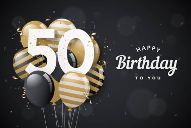 Mutlu 50. yaş günü balonları tebrik kartı siyah arka planı. 50. Yıl dönümü. 50. Kutlama konfetiyle yapılıyor. Vektör deposu