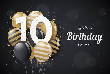 Mutlu 10. yaş günü balonları tebrik kartı siyah arka planı. 10. yıl dönümü. Onuncu kutlama konfetiyle. Vektör deposu
