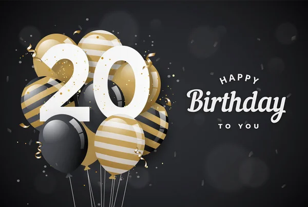 20岁生日快乐气球贺卡黑色背景 20周年纪念日 第20个和Confetti一起庆祝矢量存量 — 图库矢量图片
