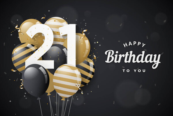 Happy 21th birthday balloons greeting card black background. 21 years anniversary. 21th celebrating with confetti. Vector stock