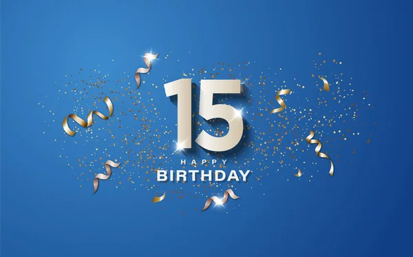 15E Verjaardag Met Witte Cijfers Een Blauwe Achtergrond Gelukkige Verjaardag — Stockfoto