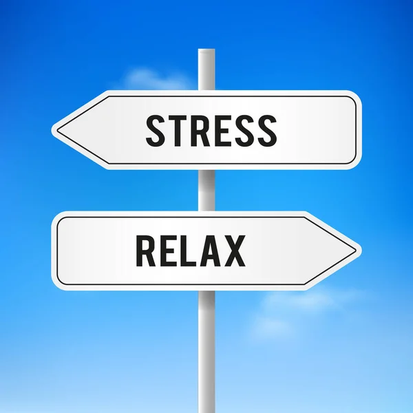 Verkeerstekens Stress Ontspannen Relax Stress Concept Verkeerstekens Met Bewolkte Zonnige — Stockvector
