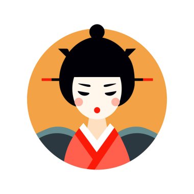 Beyaz arka planda izole edilmiş Japon geyşa logo tasarımı şablonu. Geleneksel Japon kostüm ikonu. Vektör deposu
