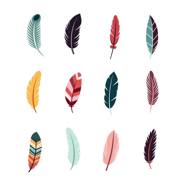 stock vector Set of feather in flat style on white background. Different bohemian feathers.Vector stock