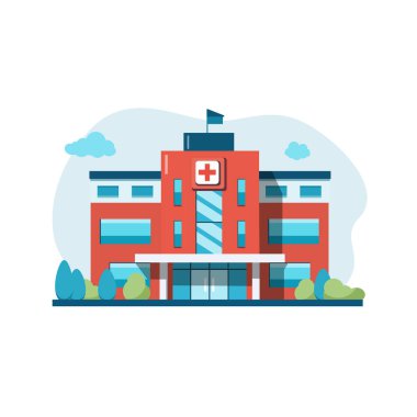 Hastane binası beyaz arka planda izole edilmiş. Çizgi film modern tıp kliniği düz stil. Vektör deposu