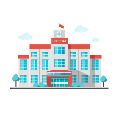 Hastane binası beyaz arka planda izole edilmiş. Çizgi film modern tıp kliniği düz stil. Vektör deposu