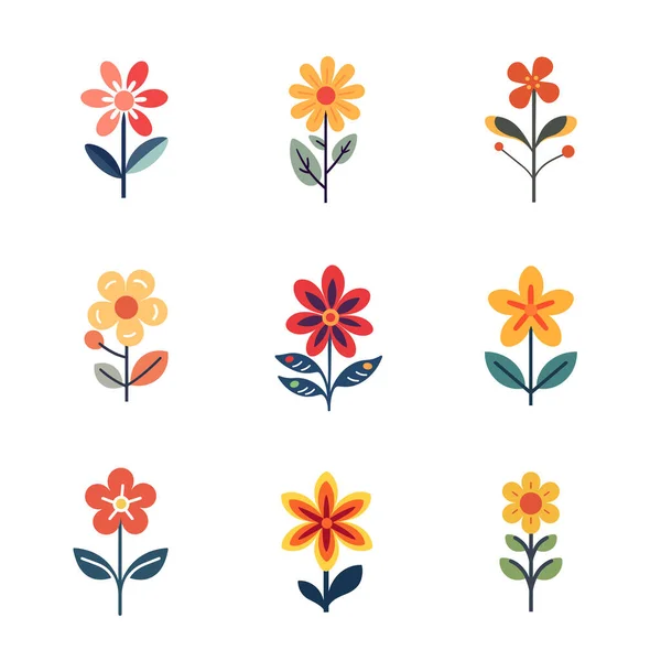 Set Colorful Flowers Isolated White Background Decorative Flowers Icon Flat — Stock Vector