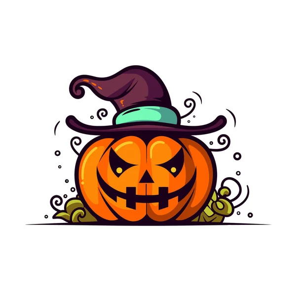 Halloween Kürbis Mit Hexenhut Isoliert Auf Weißem Hintergrund Gruseliger Halloween — Stockvektor